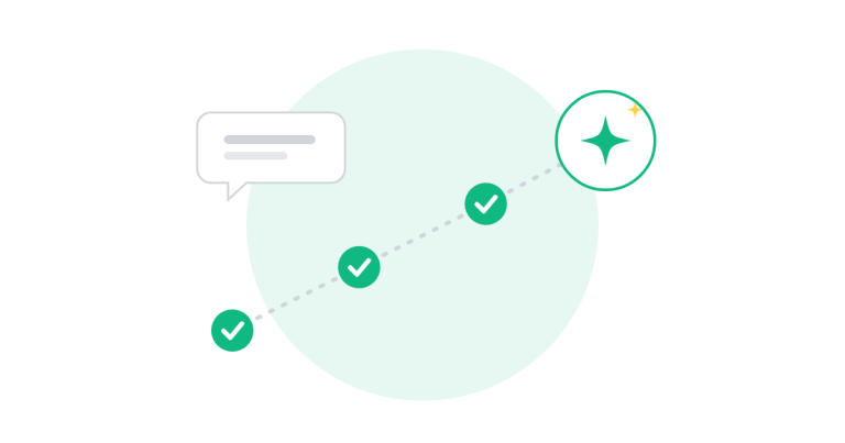 Illustration of three completed steps leading up to an AI sparkle icon