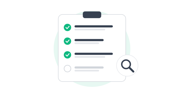 Illustration of a checklist with three steps checked off next to a magnifying glass