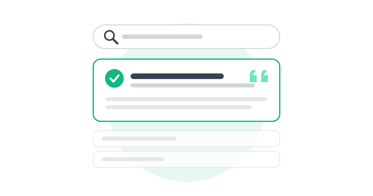 Illustration of a search bar with one highlighted answer card shown above the other results