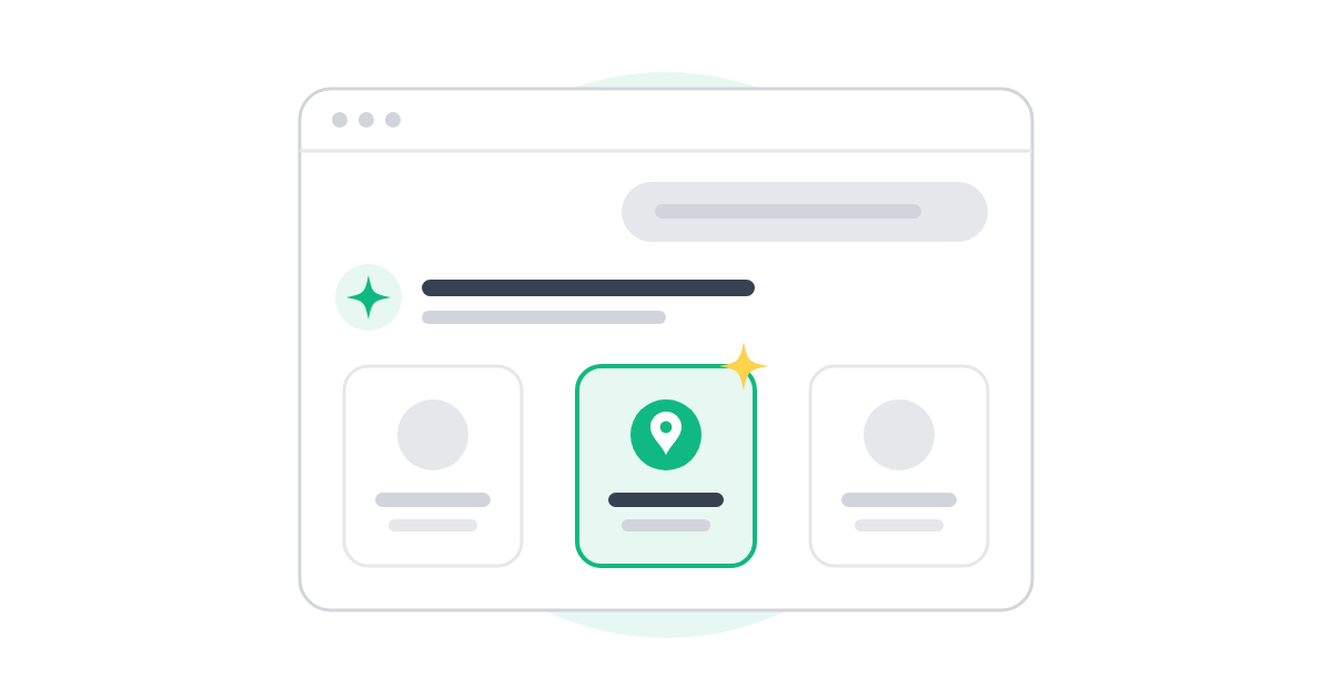 Illustration of an AI chat window recommending three businesses, with one highlighted