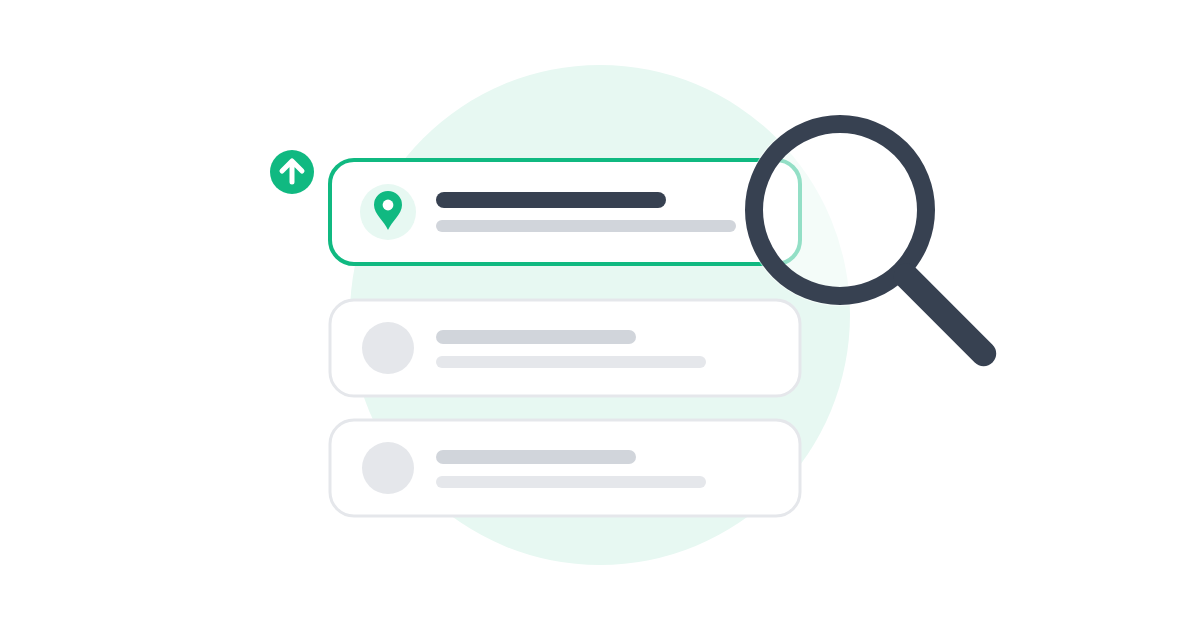 Illustration of search results with one business highlighted at the top under a magnifying glass